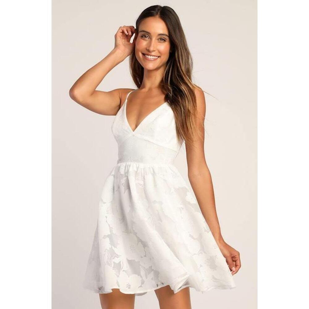 Lulus Floral Feelings White Floral Jacquard Babydoll Mini Dress - Size L